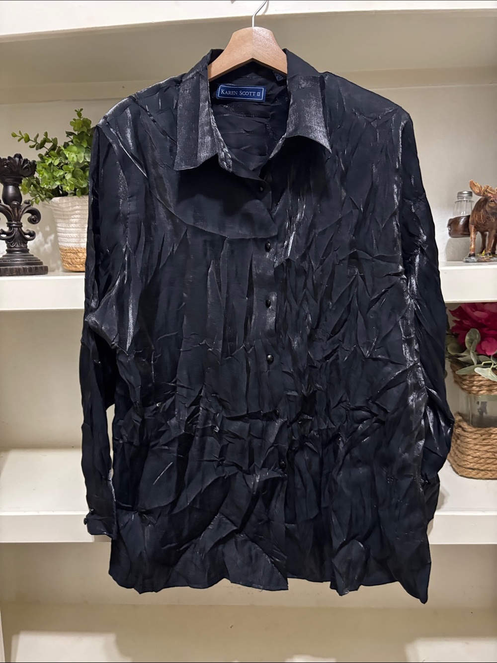 Karen Scott Black Shimmery Crinkle Button-Front Blouse Size 3XL